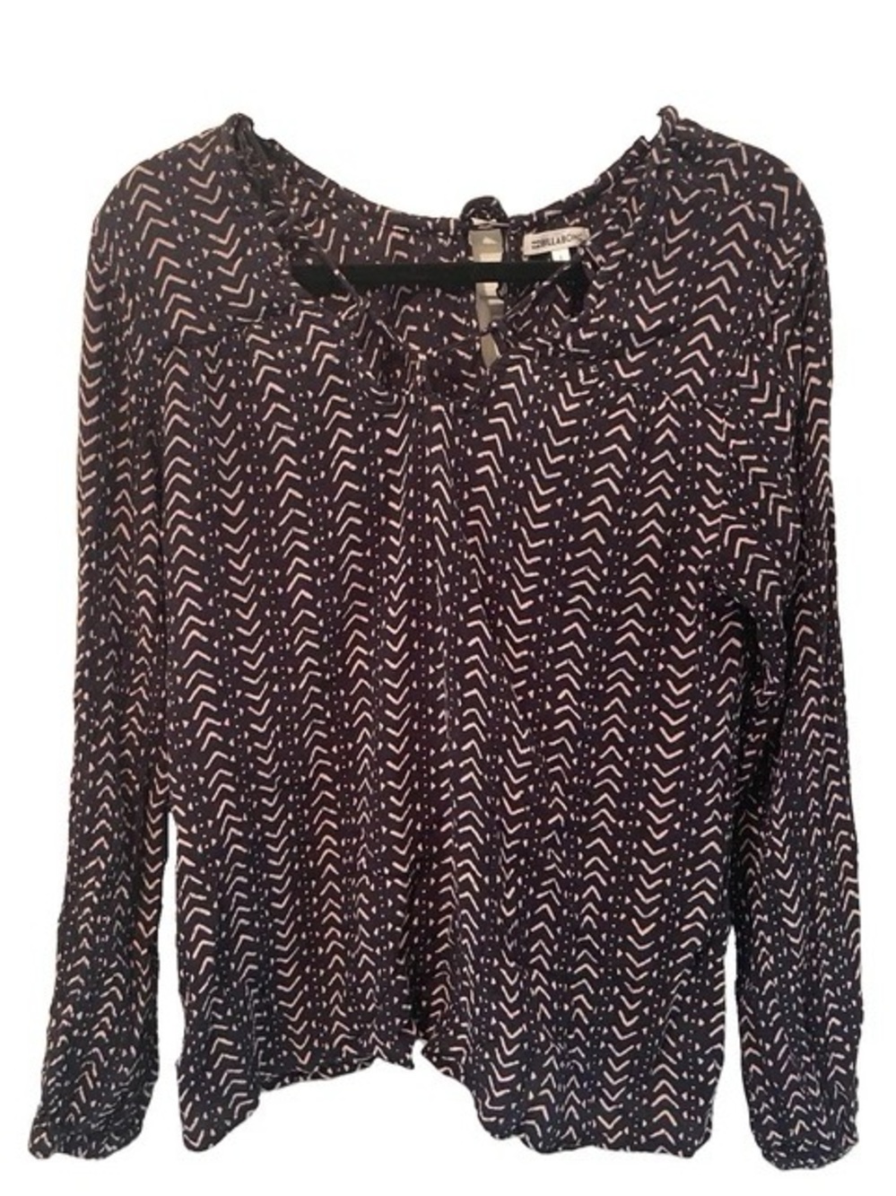 Billabong Boho Geometric Long Sleeve Keyhole Tie Blouse Top Black Cream L